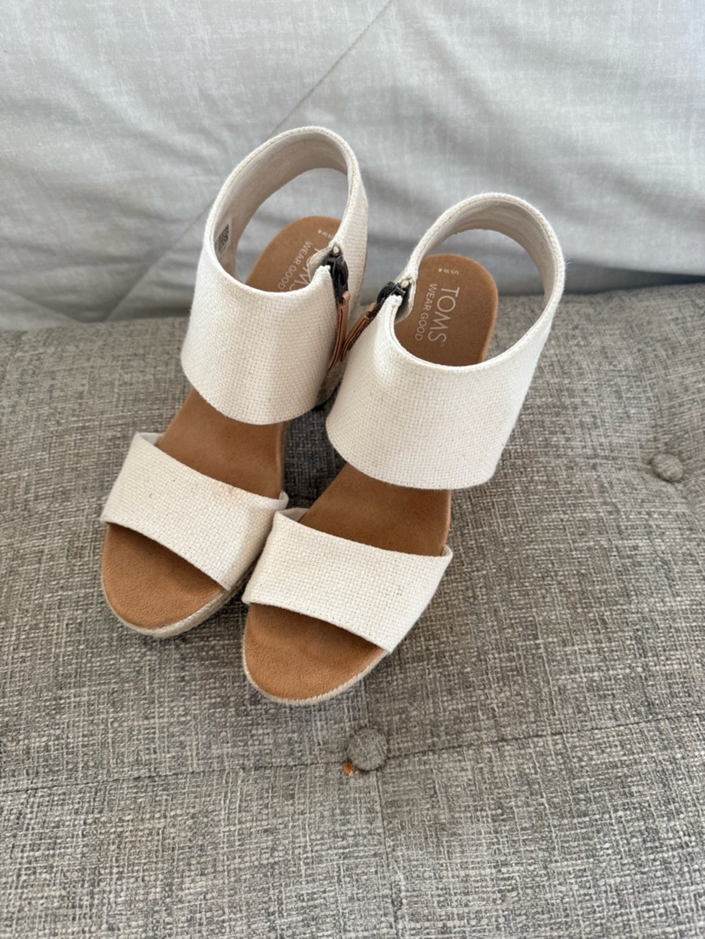TOMS Cream Canvas Espadrille Wedge Sandals